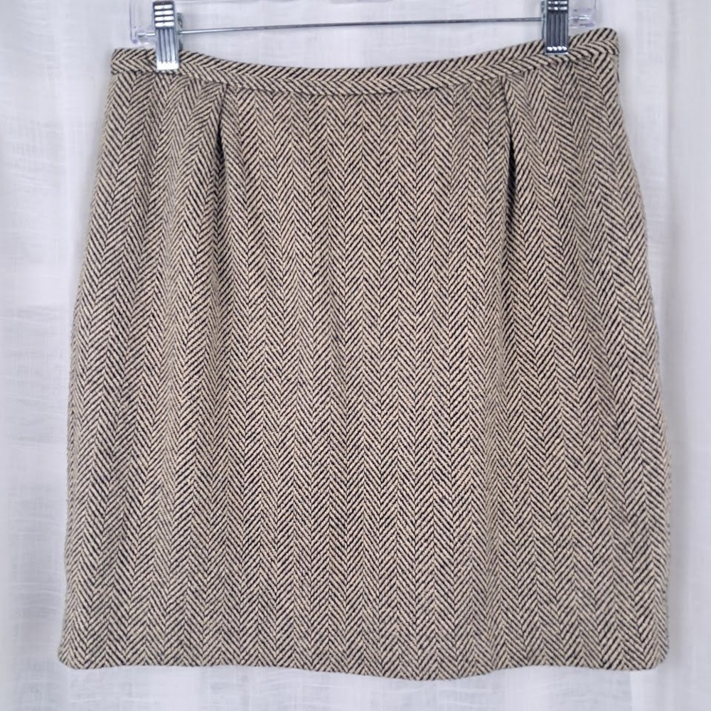 Ralph Lauren 6 Black Label 100% Silk Herringbone Pencil Skirt‎ Black Tan Short